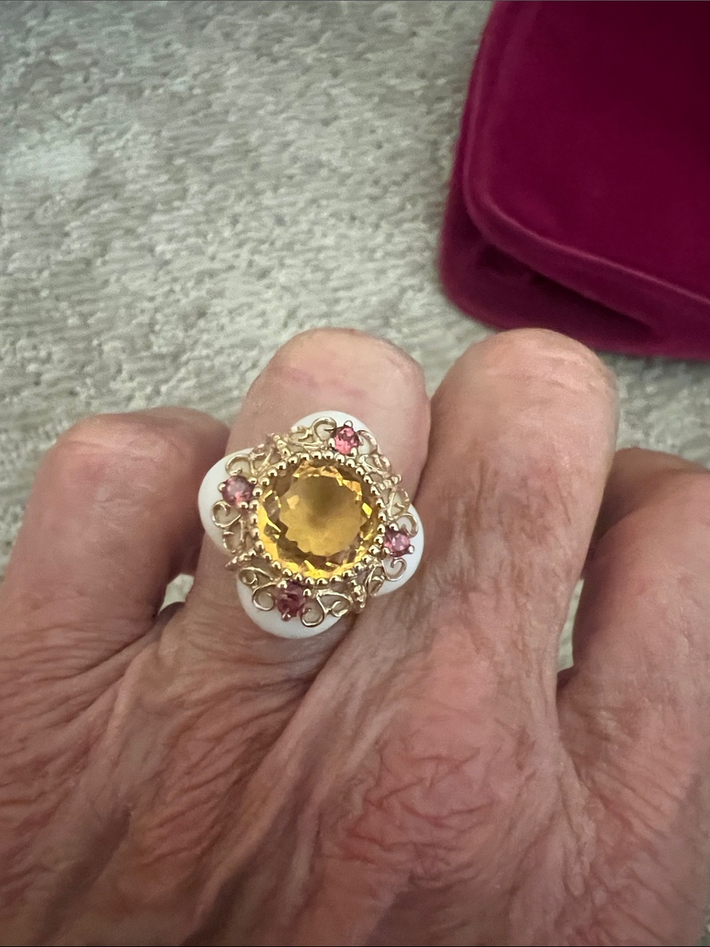 Gold-Tone Citrine & Pink Accent Statement Ring - White Enamel